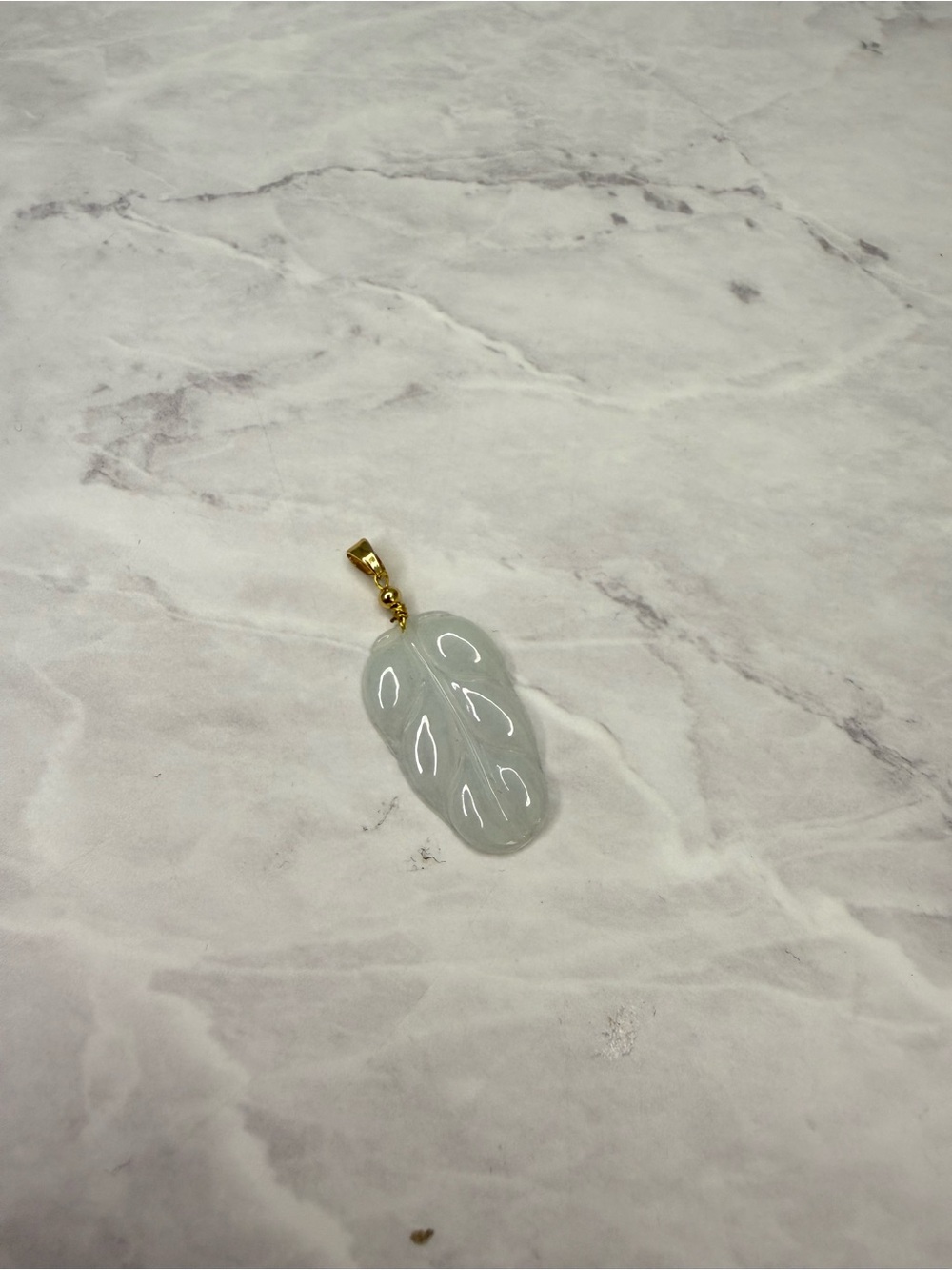 Gold Bail Pale Green Jade Leaf Pendant Necklace Charm